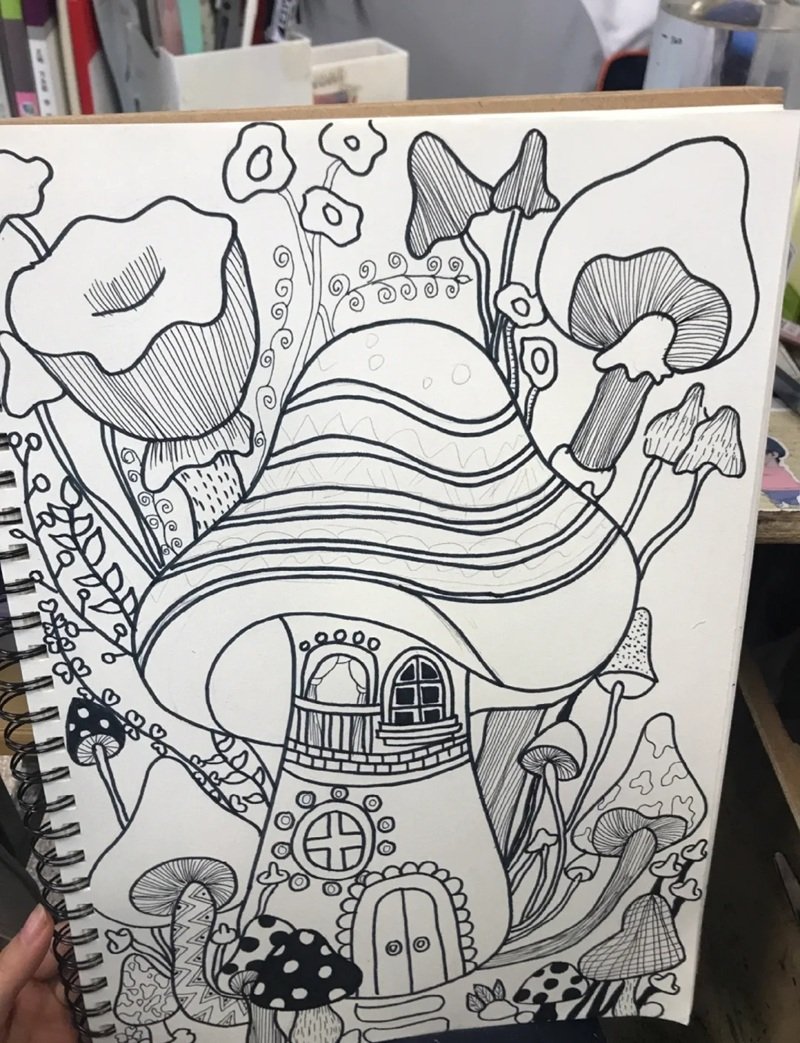 How to draw a mushroom house easy 4