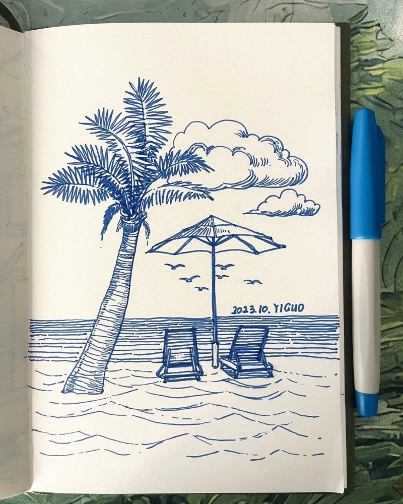 How to draw a palm tree on a beach 