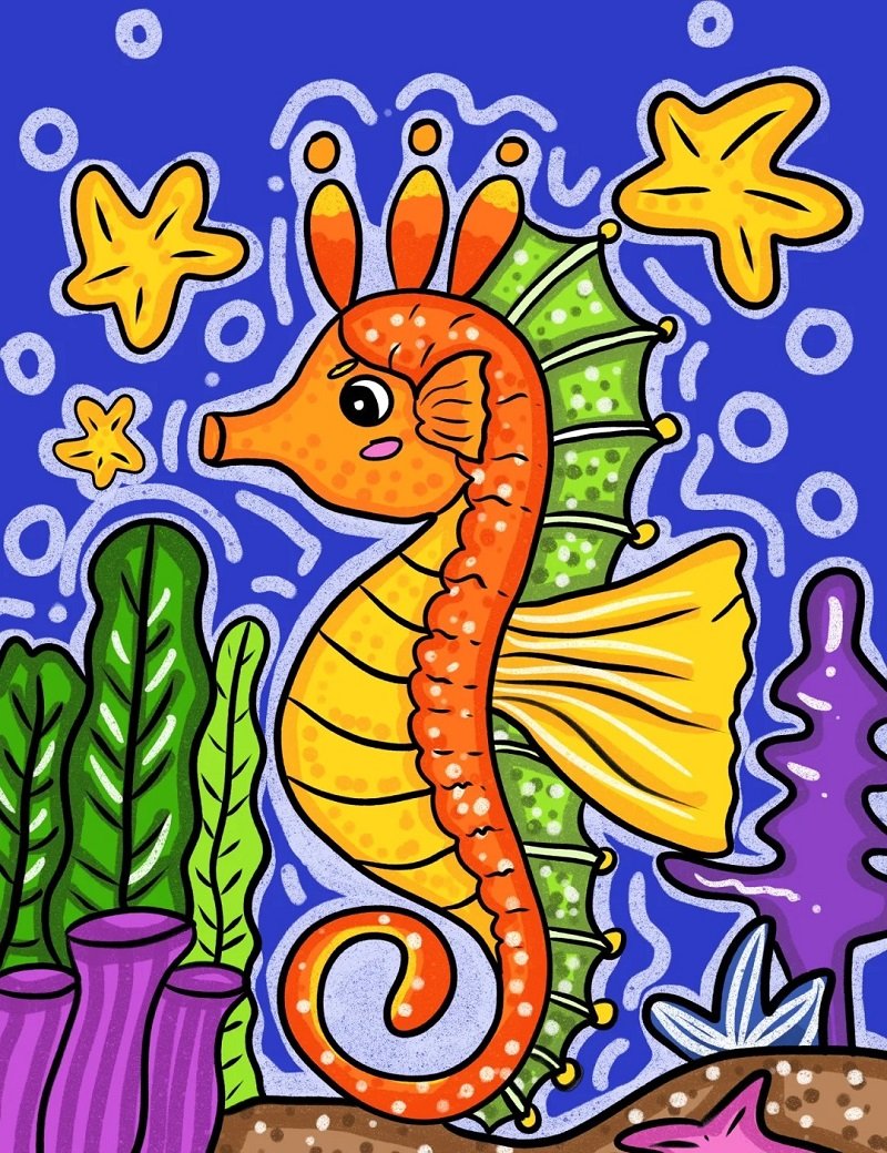 How to draw a Seahorse for kids step by step