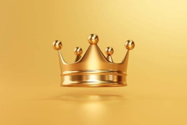 Gold royal king crown on golden background with emperor treasure. 3D rendering.